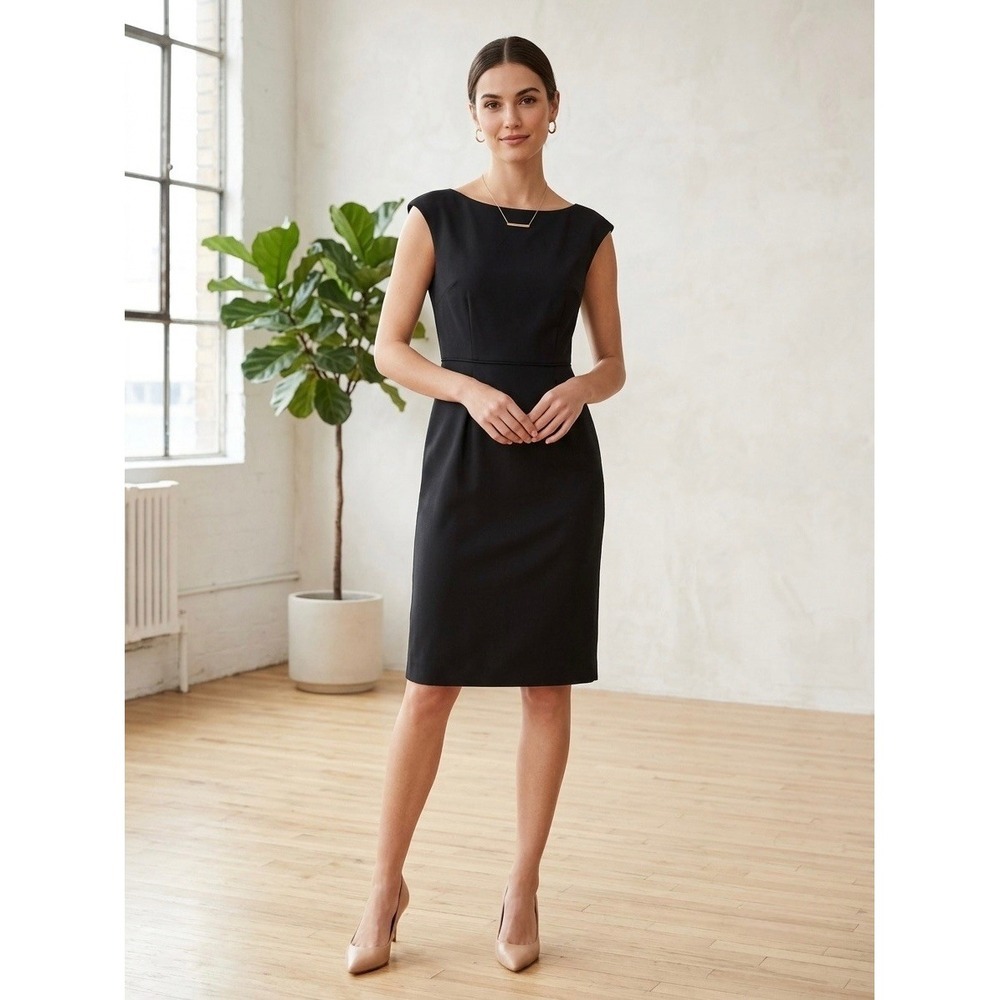 J.Crew Black Wool Sheath Dress Cap Sleeve Boat Neck Scoop Back Size 4 RN77388
